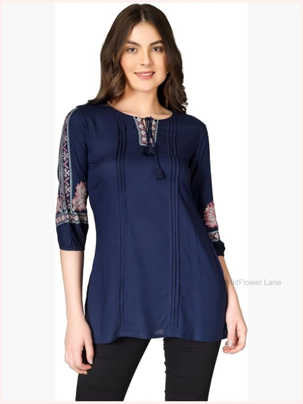 Women's Rayon Tunic Top with Embroidered Bishop Sleeves and Tassel Neckline